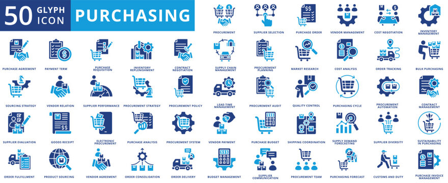 Purchasing icon set flat containing procurement, supplier, selection, order, vendor, management, inventory, agreement, sourcing, evaluation, fulfillment, payment term, requisition, replenishment