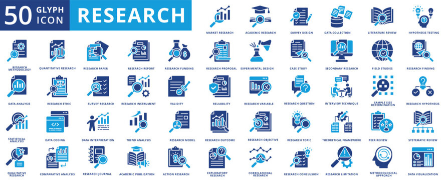 Research icon set flat containing academic, survey, design, data, collection, literature, review, hypothesis, testing, methodology, statistic, analysis, qualitative, quantitative, report, funding