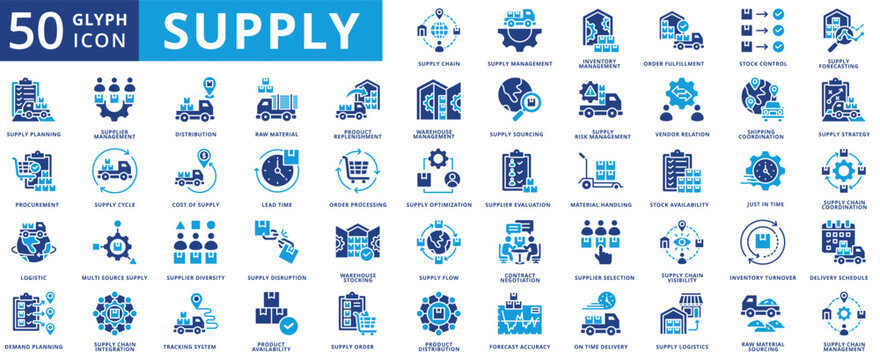 Supply icon set flat containing management, inventory, fulfillment, stock control, forecasting, planning, procurement, logistic, demand, supplier, distribution, supply chain, raw material, product
