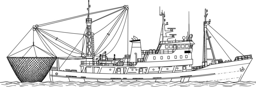 Commercial fishing boat line illustration, trawler vessel with net equipment, maritime industry concept, ocean sea transport outline drawing