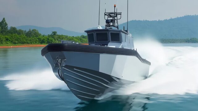 Medium shot of a sleek marine police speedboat cutting through calm waters highlighting highspeed capabilities and advanced navigation equipment.