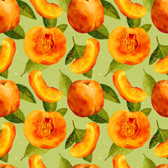 Summer Peach Art, Beautiful Handpainted Watercolor Slices Of Ripe Peaches With Textured Background