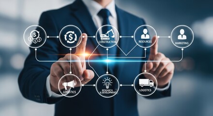 Businessman interacting with a holographic supply chain management diagram on a dark background