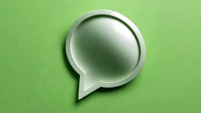 3D rendering of a glossy white speech bubble or chat icon floating against a solid green background, representing communication, messaging, and social media interaction.