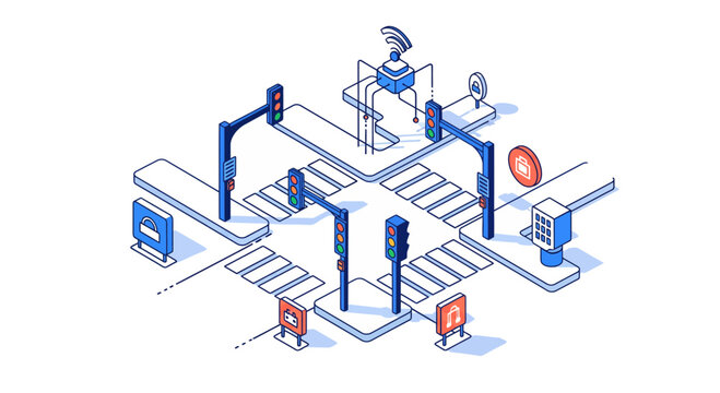 Isometric illustration of a smart city intersection with traffic lights and sensors.