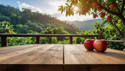 Fresh red apples on an empty wooden table in an apple orchard background.