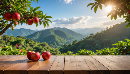Fresh red apples on an empty wooden table in an apple orchard background.
