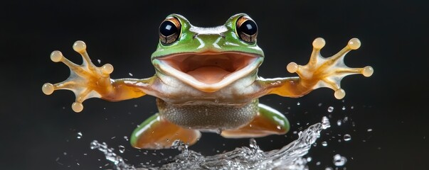 vibrant frog leaps joyfully from water, showcasing its colorful skin and expressive features in a dynamic, splash-filled moment.