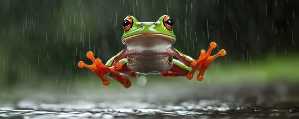 vibrant frog leaps through the rain, showcasing its colorful features in a dynamic and lively environment.