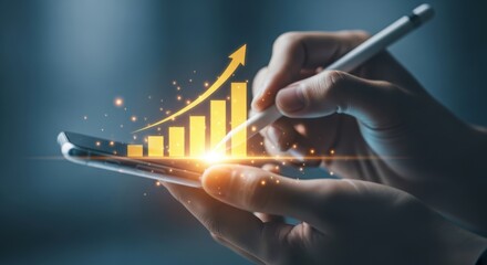 Hand interacting with a mobile device showing glowing golden financial growth chart against a dark background