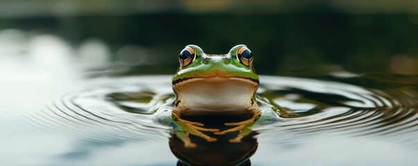 close-up of a green frog floating in water, with gentle ripples surrounding it, highlighting its vibrant colors and serene environment.