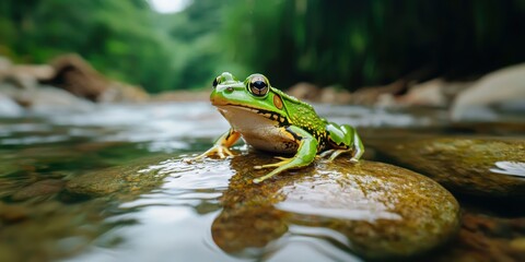  vibrant green frog rests on a smooth stone in a clear stream, surrounded by lush greenery, showcasing nature's beauty and tranquility.