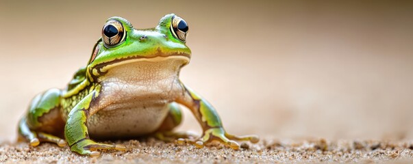 colorful frog sits on sandy ground, showcasing its vibrant green skin and large eyes, embodying the beauty of amphibian wildlife.