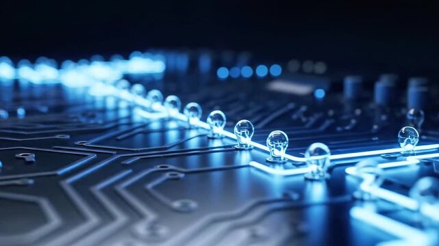 A close-up view of a circuit board with glowing blue light tracing along its pathways, surrounded by tiny human figures