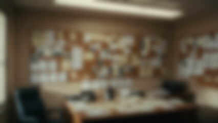 Obraz premium Blurred background of Police investigation room with evidence board covered in photos and handwritten notes, highly detailed cork texture and pin shadows, detective office interior, late afternoon.