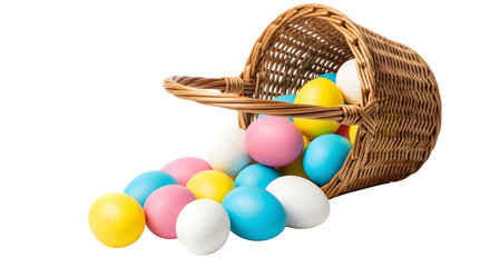 Colorful Easter eggs spilling from wicker basket isolated on transparent background