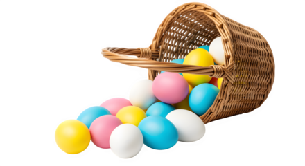 Colorful Easter eggs spilling from wicker basket isolated on transparent background