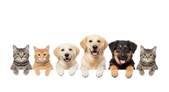 Row of happy dogs and cats sitting together isolated on transparent background