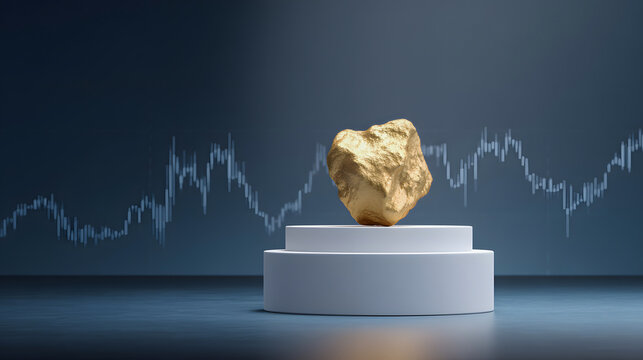 Gold nugget on white podium with blue stock market chart background