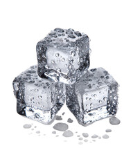 Clear Ice Cubes Melting with Water Drops Isolated on White Background