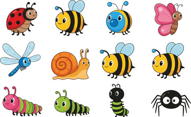 Cute cartoon insects collection illustration, colorful bugs and butterflies set, kids nature animals icons, playful vector characters, isolated on white background
