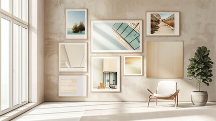 Fototapeta premium Modern minimalist interior with gallery wall frames and soft natural light