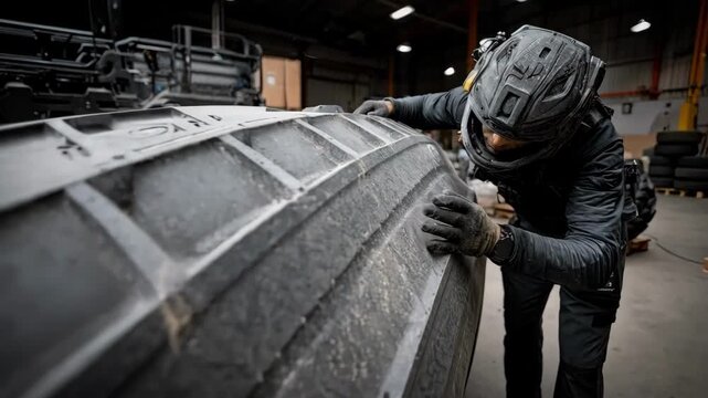 Medium shot of a technician inspecting durable resistant body armor built to withstand extreme physical impact and ballistic threats.