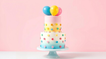 Whimsical three tier birthday cake decorated with colorful polka dots and balloons