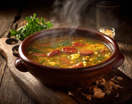 photo of a rainy day, a bowl with a traditional brazilian dish called bobo de fruta made from yellow split peas and sliced sausage in a rich green liquid on a wooden table
