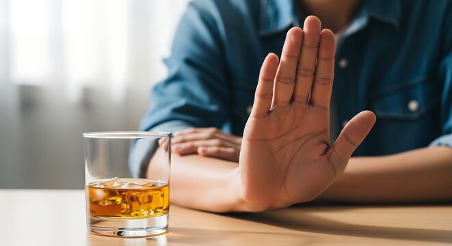 A person's hand is held up in a stop gesture, refusing a glass of amber liquid, likely alcohol, on a wooden table.