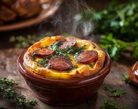 photo of a rainy day, a bowl with a traditional brazilian dish called bobo de fruta made from yellow split peas and sliced sausage in a rich green liquid on a wooden table.