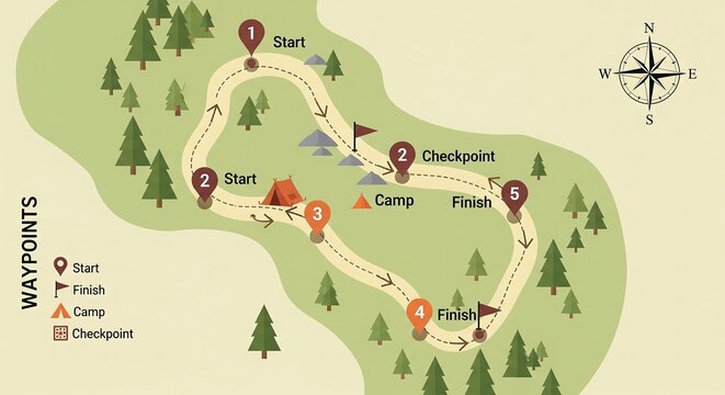 Illustrated map showing a winding trail with numbered waypoints for a camping or hiking adventure, including start, finish, camp, and checkpoint markers.