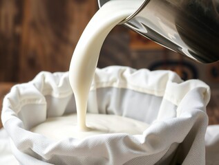 Creamy white liquid being poured into a cheesecloth lined strainer