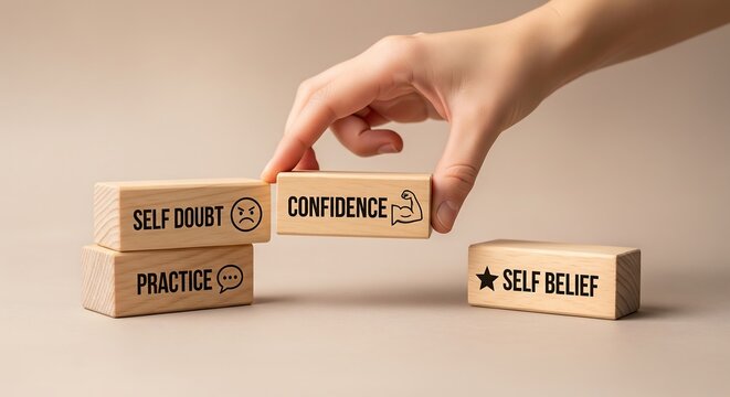 A hand places a wooden block labeled "CONFIDENCE" to bridge "SELF DOUBT" and "PRACTICE" blocks, with a "SELF BELIEF" block nearby.