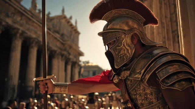 Ancient Roman gladiator in ornate helmet standing in sunlit city street, cinematic historical scene with epic warrior atmosphere
