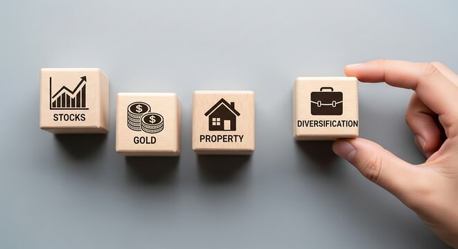 Wooden blocks with icons representing stocks, gold, property, and diversification, illustrating investment strategies.