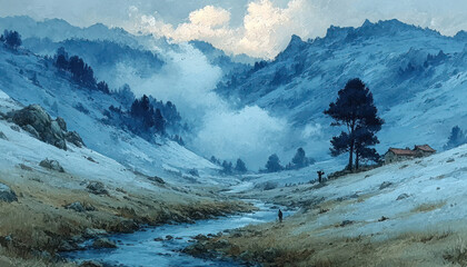 Obraz premium A picturesque mountain landscape in cool blue tones with a meandering stream flowing deep into the valley. 