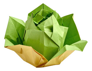 Paper craft, cut out fruit and vegetable origami : Lettuce, The art of origami fruit showcases the intricate, precise folding of colorful paper and complex patterns, transparent background.
