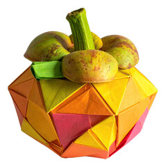 Paper craft, cut out fruit and vegetable origami : Mangosteen, The art of origami fruit showcases the intricate, precise folding of colorful paper and complex patterns, transparent background.