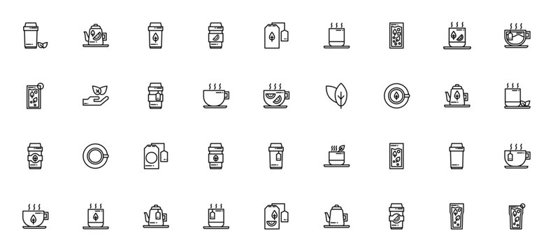 Tea icon set. Vector illustration pack featuring cup, teapot, tea bag, hot tea, iced tea, lemon tea, and green tea. Editable stroke icons.