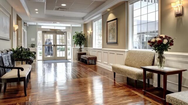 Medium shot of a welcoming funeral home entrance with polished floors tasteful seating and gentle natural light combining elegance with a calming ambiance.