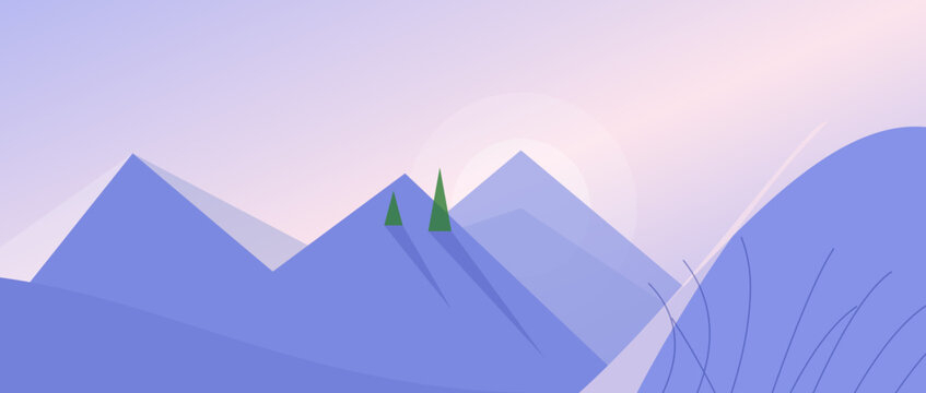 Abstract Mountain Landscape Vector Illustration, Minimal Nature Background with Sunrise Sky, Atmospheric Weather App Background, Modern Flat Design Hills Scenery for Website Header, UI, Mobile App