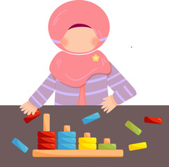 Child in hijab playing with colorful wooden stacking toy, early childhood development and learning