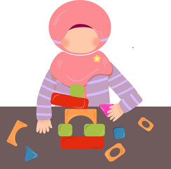 Child in head covering building with colorful toy blocks. Kids' play, creativity, and early learning illustration.