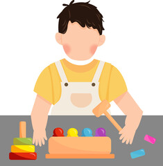 Child playing with educational wooden toys: hammering toy and stacking rings for early childhood development and learning