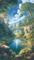 冒険が始まりそうなファンタジー世界の風景イラスト｜城と海のある幻想的な街並み背景素材｜ゲーム風サムネ用｜旅立ちのシーンにぴったり