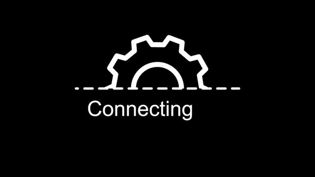 Connecting gear icon animation on black background, system connection progress indicator, technology network setup