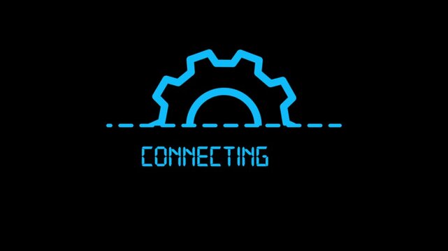 Connecting gear icon animation on black background, system connection progress indicator, technology network setup