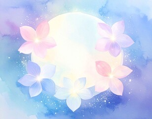 淡いブルーとピンクに包まれた幻想的な円形モチーフと花びらが輝く水彩風背景。やさしい光と色彩が希望や祈り、癒しの気持ちを表現する抽象イメージ。スピリチュアル、ヒーリング、季節のビジュアルやWeb・広告背景に使いやすいファンタジー調デザイン。
