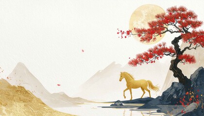 金色の馬が静かな和風風景に佇むミニマルな正月背景。縁起の良さや希望、前向きな未来を象徴するデザイン。年賀状、新年キャンペーン、和風広告やWebデザインに最適な日本的イメージを表現。